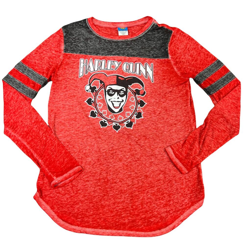 Batman Harley Quinn Semi-Sheer Burnout Style Graphic Tee Juniors Large Red Black